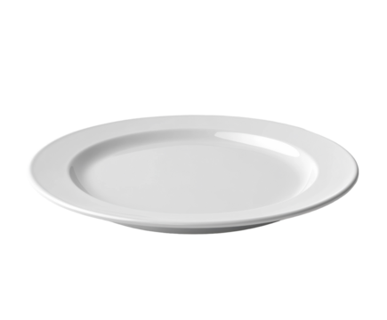 Plain white ceramic plate isolated on white. PNG transparent.