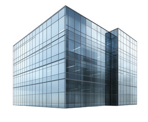 Modern glass office building isolated on white. PNG transparent.
