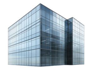 Modern glass office building isolated on white. PNG transparent.