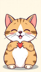 Obraz premium orange cat holding a small red heart in hands, digital illustration cartoon