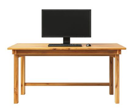 Wooden table with desktop computer isolated on white. PNG transparent.