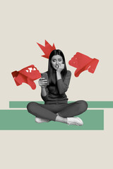 Vertical photo collage of upset girl blogger bite fingers receive dislike cyberbully hold phone...