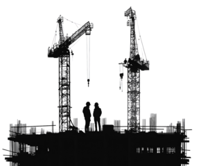 Construction site silhouette with cranes isolated on white background. PNG transparent.