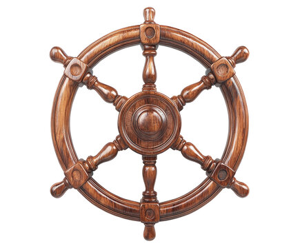 Wooden ship's steering wheel isolated on white background. PNG transparent.
