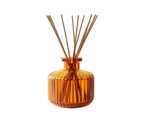 Amber glass reed diffuser isolated on white background. PNG transparent.