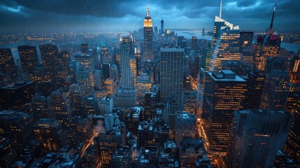 New York City majestic skyline, with towering buildings, glowing lights, and the unmistakable energy of the city that never sleeps.