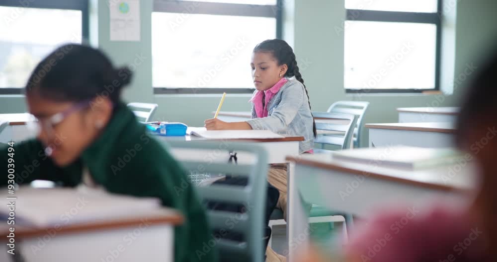 Poster Girl, student and writing in classroom for learning, education and problem solving by desk with knowledge. Child, study and exam in elementary school with pencil for development, growth and project
