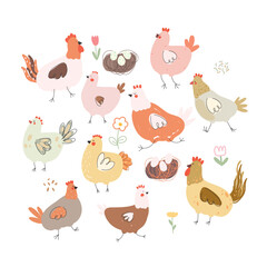 Set with hen, eggs, and flowers. Vector illustration.