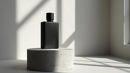 Mockup of a plain black perfume bottle neatly placed on a podium on a neutral background, Ai generated Images