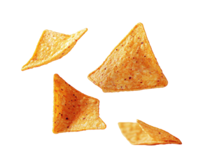 Golden brown tortilla chips isolated on white background. PNG transparent.