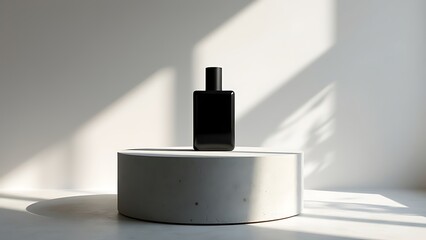 Mockup of a plain black perfume bottle neatly placed on a podium on a neutral background, Ai generated Images