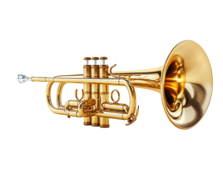 Golden trumpet isolated on white background. PNG transparent.