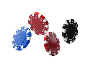 Floating casino chips in red, black, blue isolated on white background. PNG transparent.