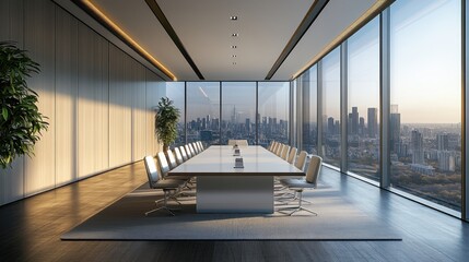 Fototapeta premium Modern conference room with panoramic city view, large table, sleek design, and natural lighting creating a professional atmosphere.