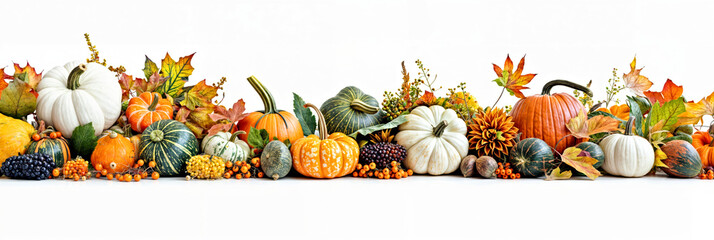 Row of Pumpkins and Squash Arranged on a White Background Autumn Fall Banner Thanksgiving Pumpkin...