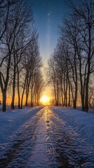 Starlit Winter Road with Snowy Trees, Sunset Horizon, and a Clear Milky Way Sky Above the Frozen Landscape