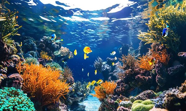 an underwater view of a coral reef with fish