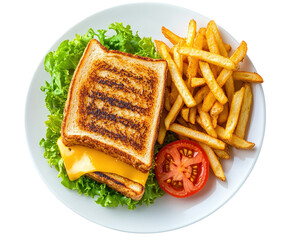 Grilled sandwich with fries on a white plate isolated on white background. PNG transparent.