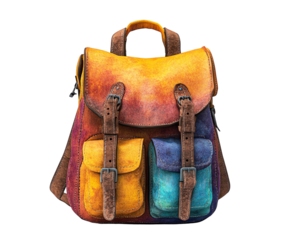 Colorful backpack with pockets and leather straps isolated on white background. PNG transparent.