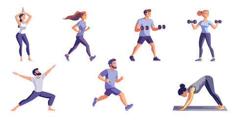 set of flat vector cartoon character doing work out exercise. isolated on white