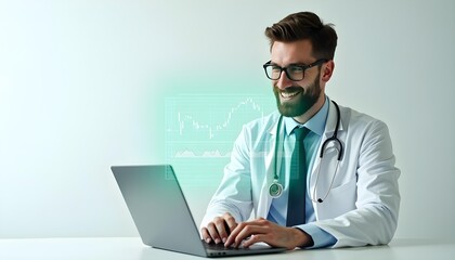 Smiling male doctor using laptop with holographic data display, wearing white coat and stethoscope, modern healthcare technology	