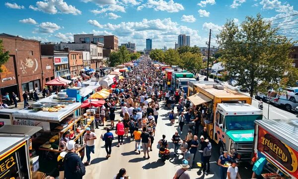 a crowd of people walking down a street next to food trucks