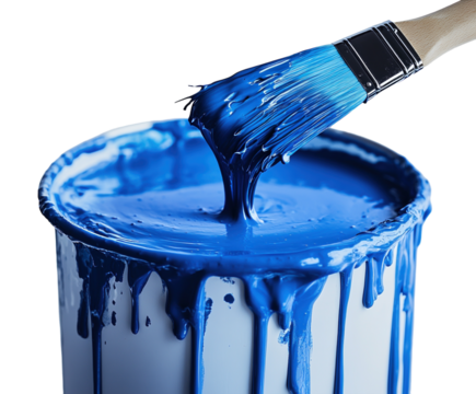 Paint can with blue paint and brush isolated on white background. PNG transparent.