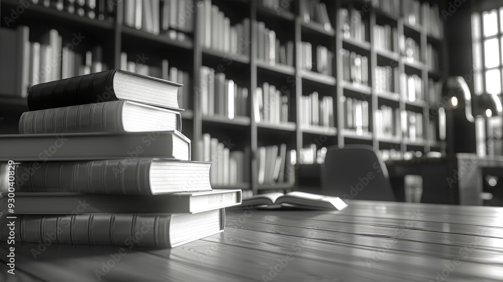 Poster a stack of books on a table in a library. the books are arranged in a pyramid shape, with the top bo
