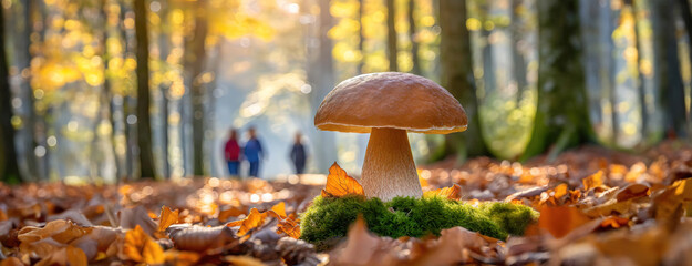A large mushroom surrounded by fallen leaves in a sunlit autumn forest with two people walking in the blurred background, capturing the essence of fall.