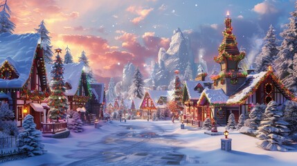 A picturesque winter village adorned with festive decorations, featuring snow-covered houses, trees, and a vibrant sunset sky.
