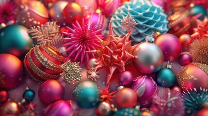 A vibrant collection of colorful Christmas ornaments, showcasing unique designs and textures perfect for festive decorations.