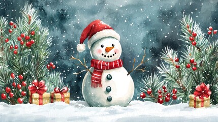 Fototapeta premium Festive snowman wearing a red hat and scarf, surrounded by Christmas trees and gifts, creating a cozy winter scene.