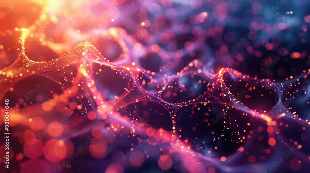 Poster a colorful, abstract image of a web of lines and dots. the colors are bright and the lines are wavy,
