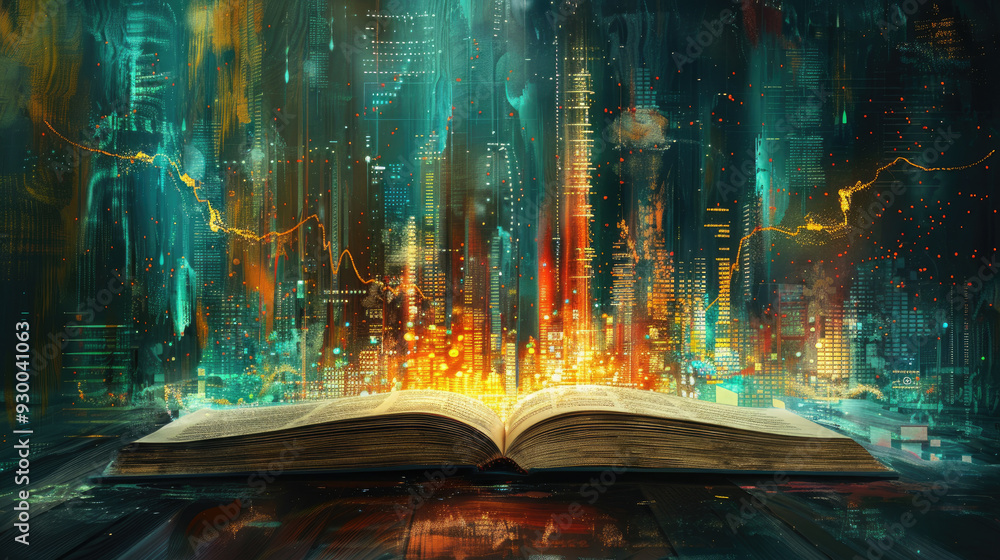 Poster a book is open to a page with a cityscape in the background. the cityscape is illuminated with brigh