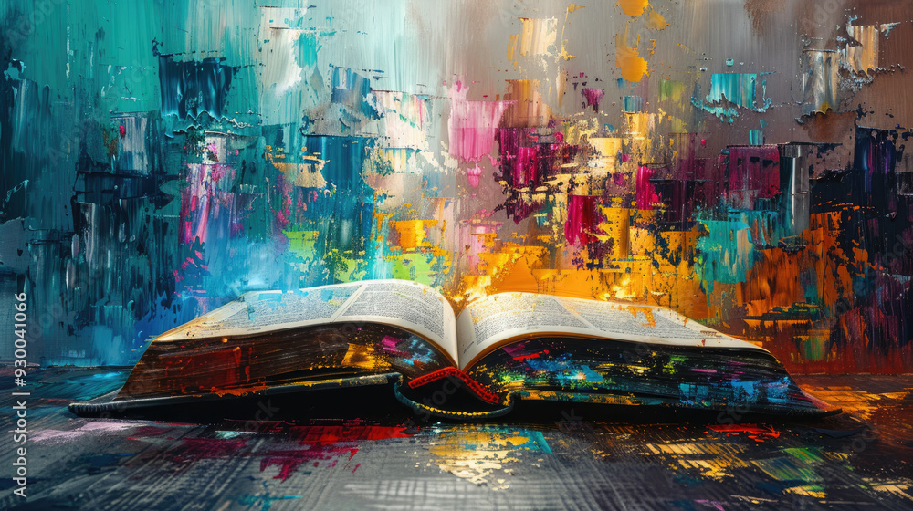 Poster a book is open to a page with a colorful background