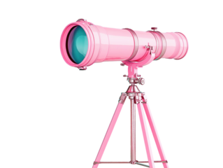 Pink telescope on tripod isolated on turquoise background.. PNG transparent.