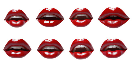 Obraz premium Red lipstick lips in various poses isolated on white background.. PNG transparent.