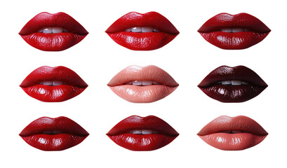 Obraz premium Red lipstick lips in various poses isolated on white background.. PNG transparent.