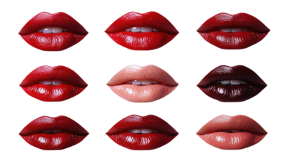Red lipstick lips in various poses isolated on white background.. PNG transparent.