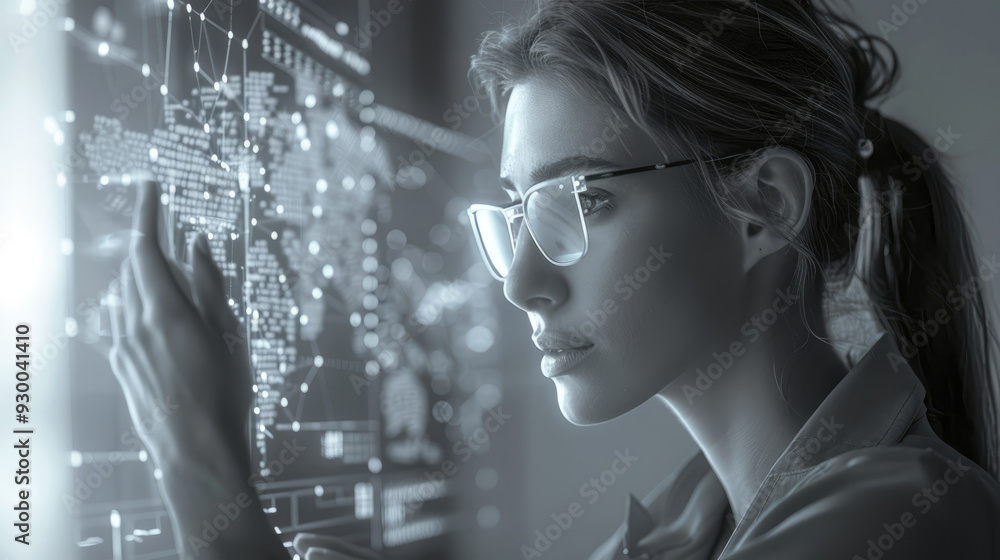 Poster a woman wearing glasses is looking at a computer screen with a map on it. she is focused on the scre