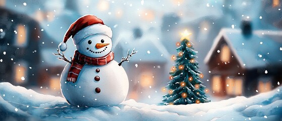 A cheerful snowman in a winter landscape with falling snow and a decorated Christmas tree, creating a festive holiday atmosphere.