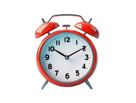Red alarm clock isolated on blue background.. PNG transparent.