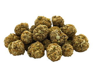 Pile of dried cannabis buds isolated on white background.. PNG transparent.