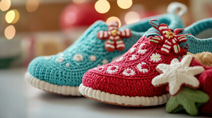 Obraz premium A pair of shoes with christmas decorations on them, AI