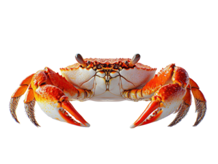Red crab with raised claws isolated on white background.. PNG transparent.