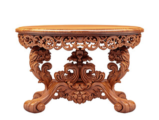 Antique wooden table with carvings isolated on white background.. PNG transparent.