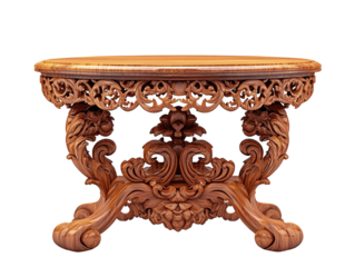 Antique wooden table with carvings isolated on white background.. PNG transparent.