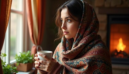 A young woman enjoying a cup of warm tea on a cloudy, chilly day. A perfect moment for relaxation and calm in autumn or winter weath