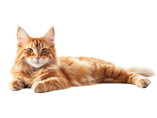 Orange Maine Coon cat lying down isolated on white background. PNG transparent.