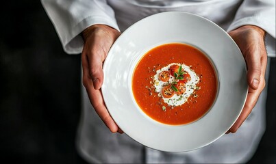 Chef holding a plate of tomato soup, black background, top view